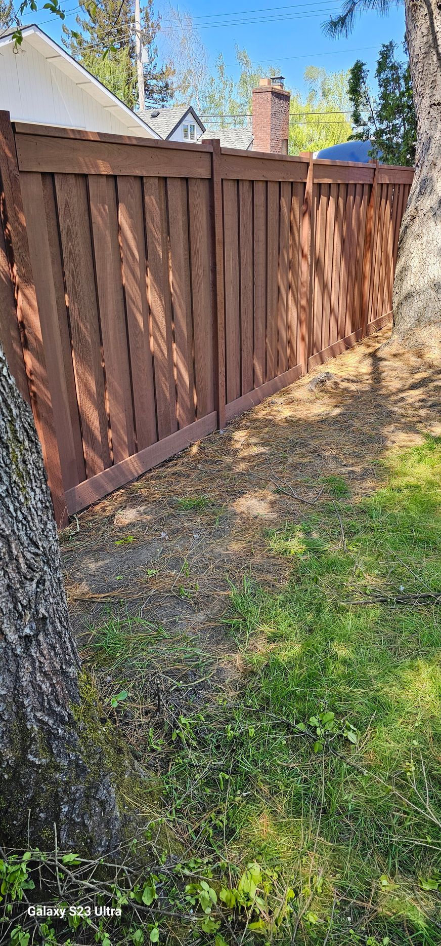 Brown wooden fence next to grass and a tree on a sunny day.