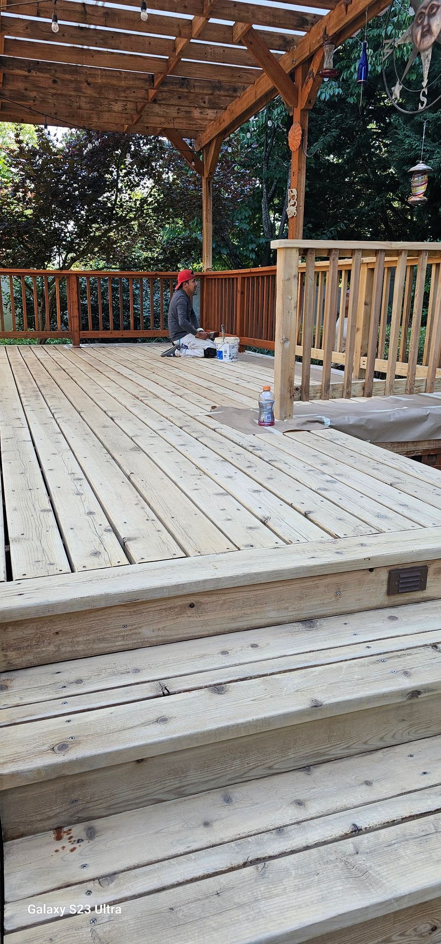 Wooden deck with steps, railing, and pergola, surrounded by trees.