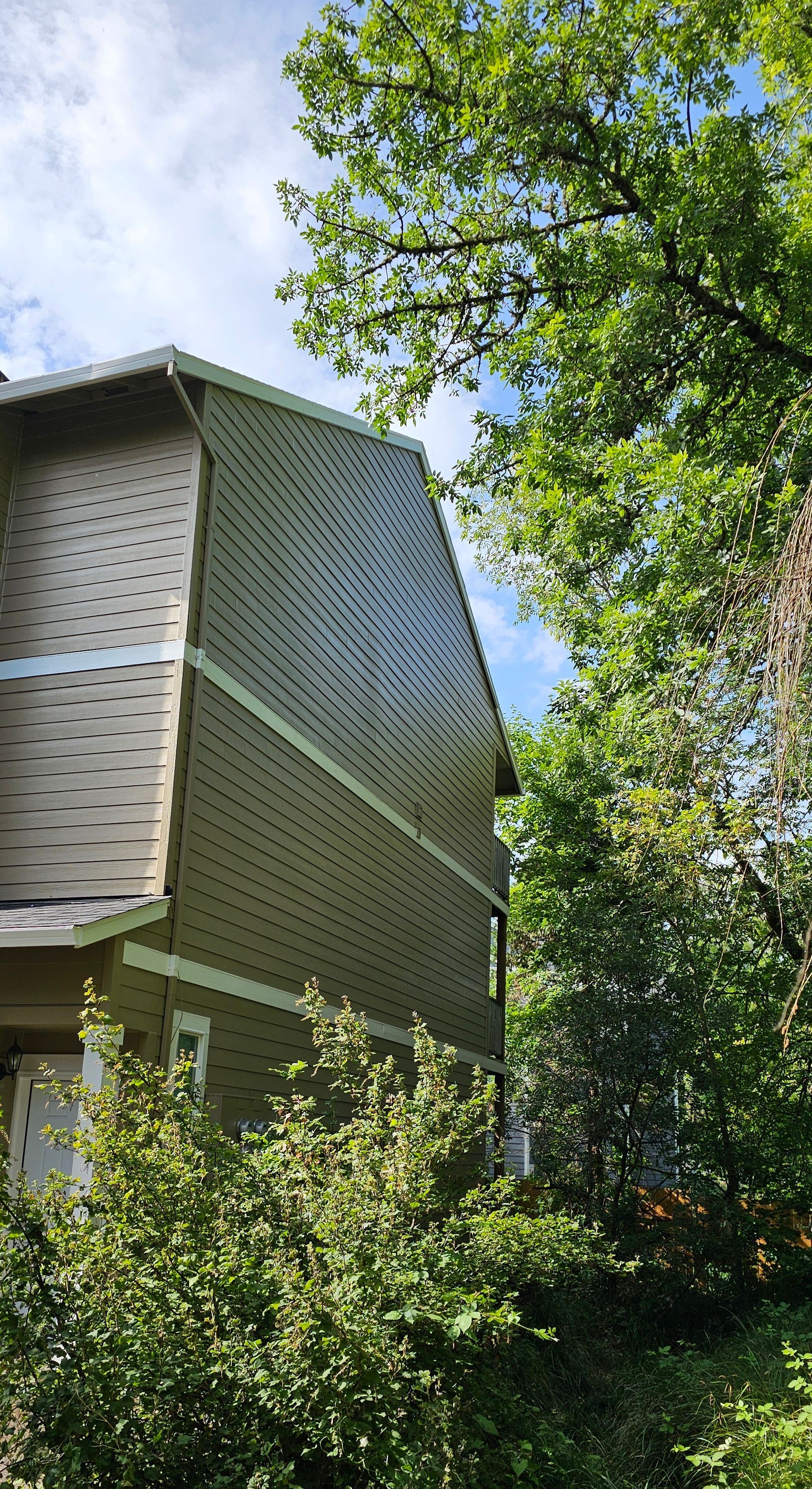 Beige two-story building with brown trim siding, partially obscured by green trees under a blue sky.