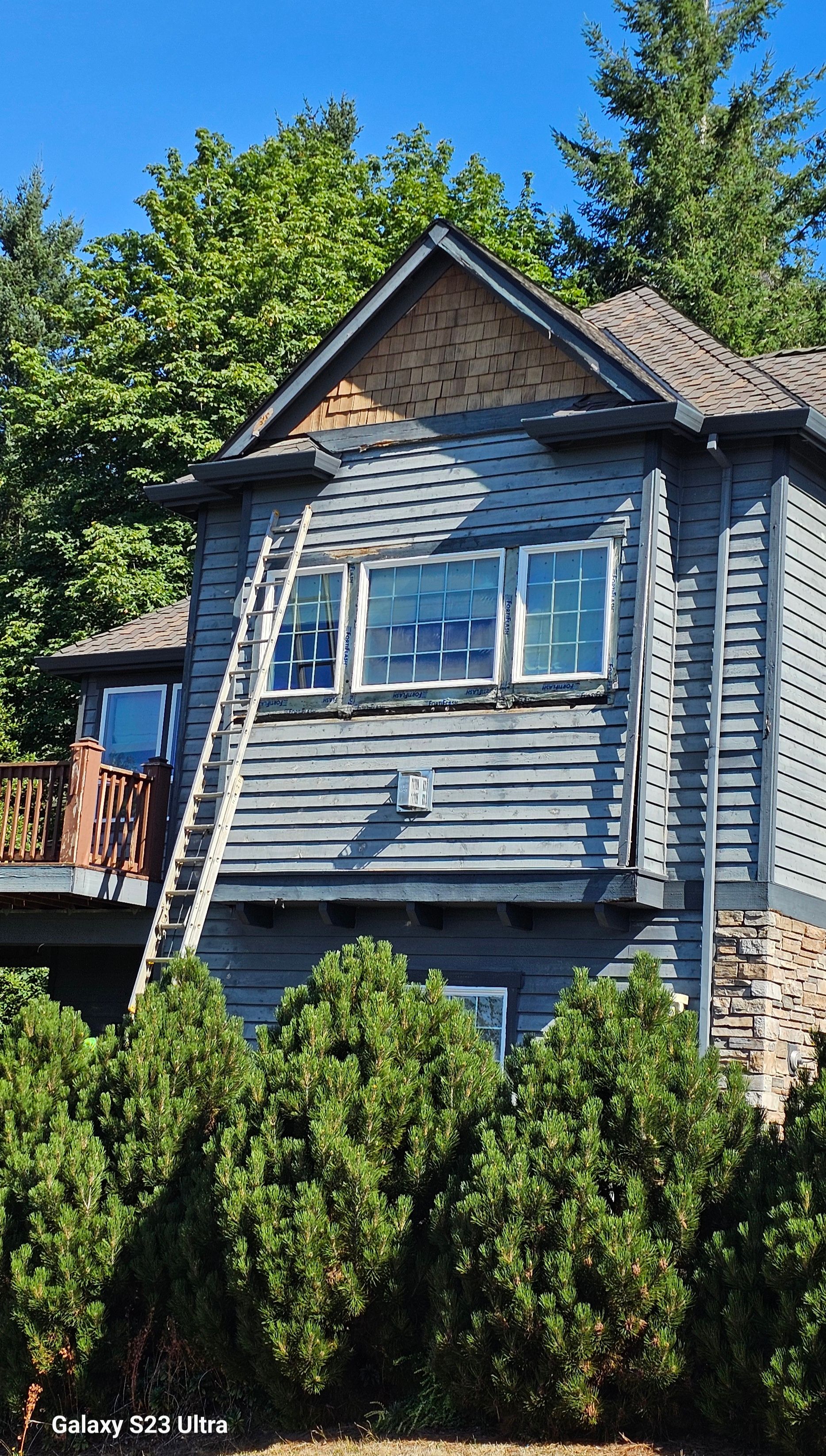 House with gray siding and ladder, windows boarded up, surrounded by green bushes.