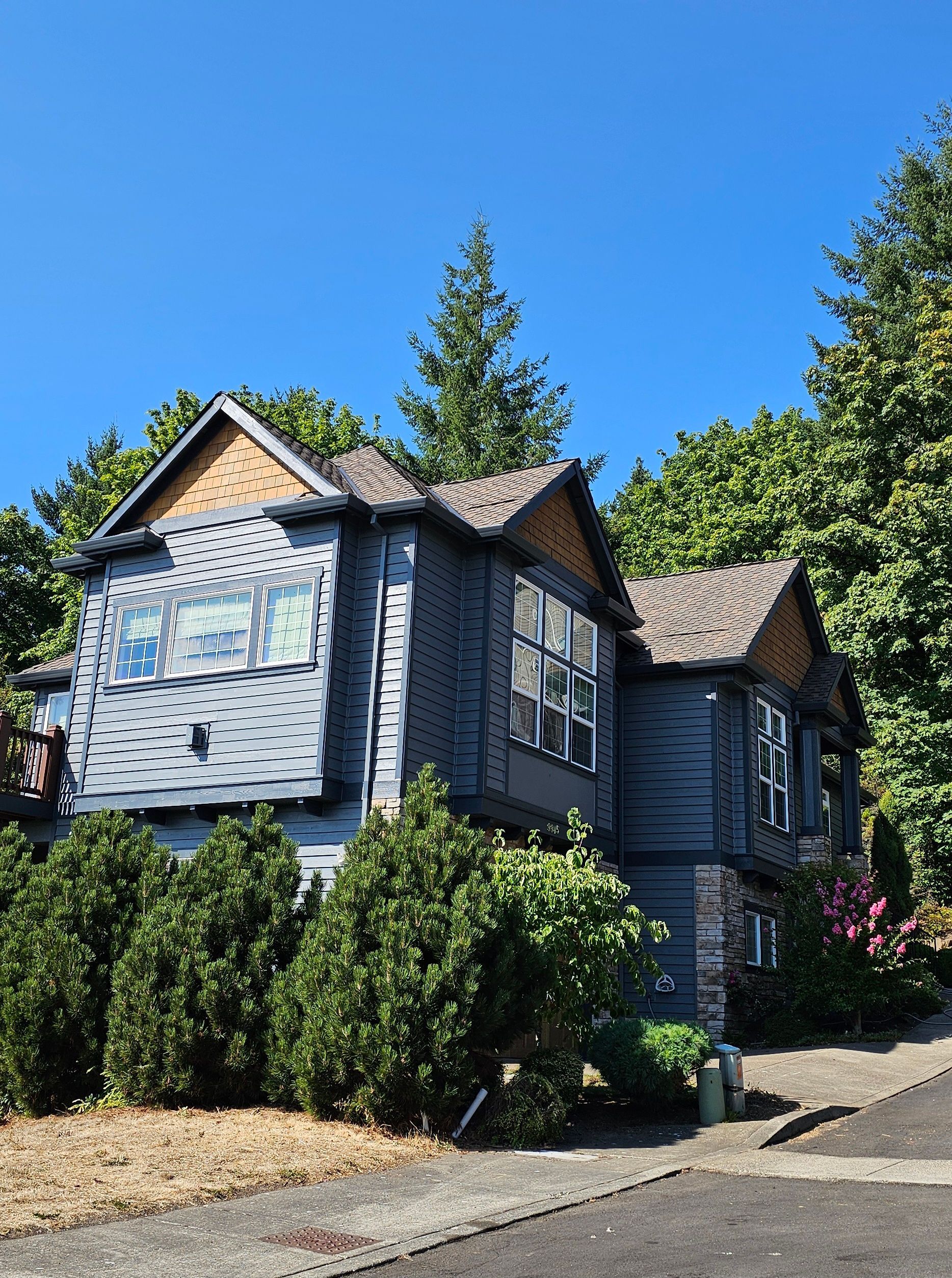 Two-story blue house with brown roof and construction underway; trees surround it under a blue sky.