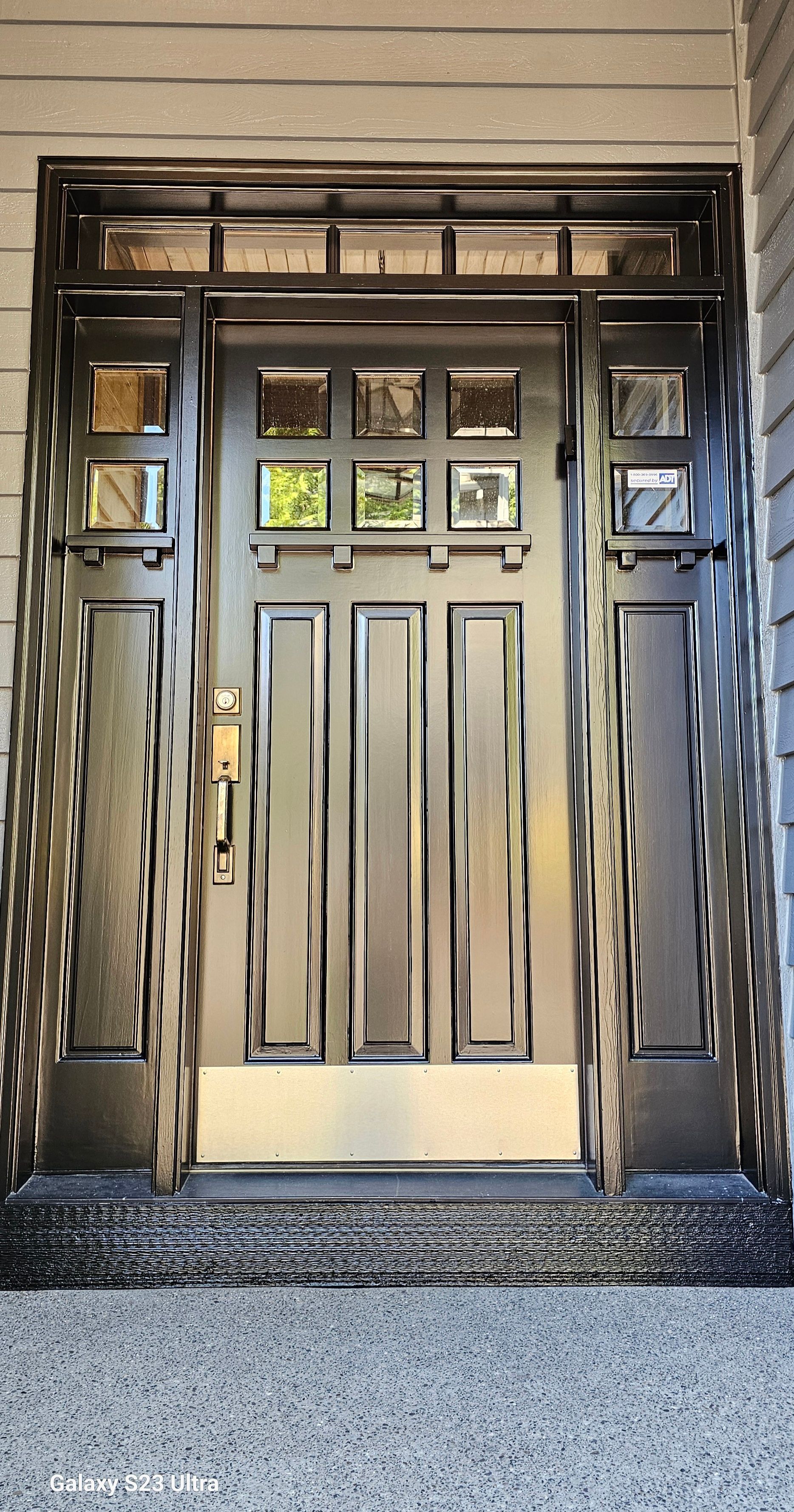 Dark metal front door with decorative side panels, small square windows, and a transom.