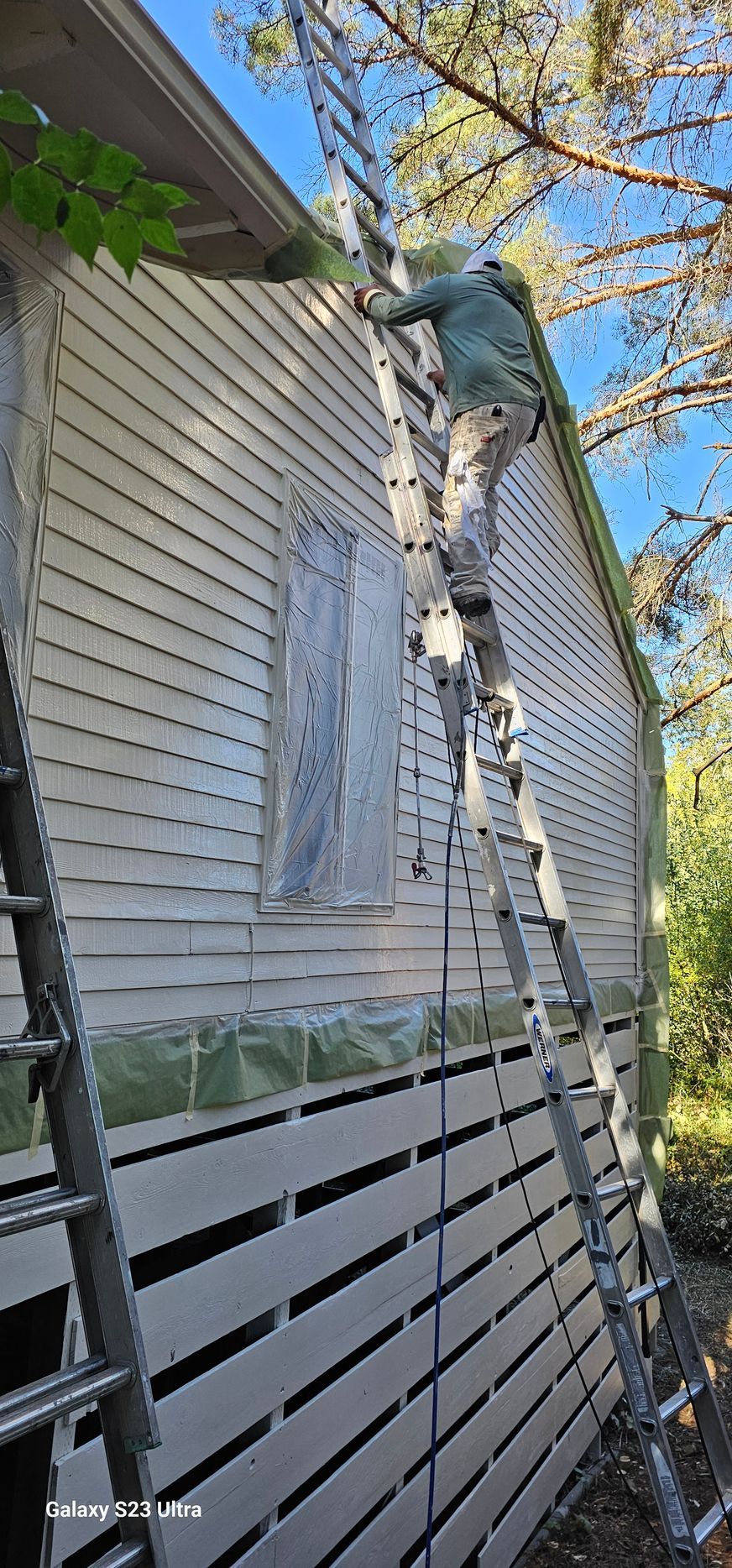 Person on a ladder painting a house's exterior.  The house is light-colored with a green roof.  Bright sunlight.