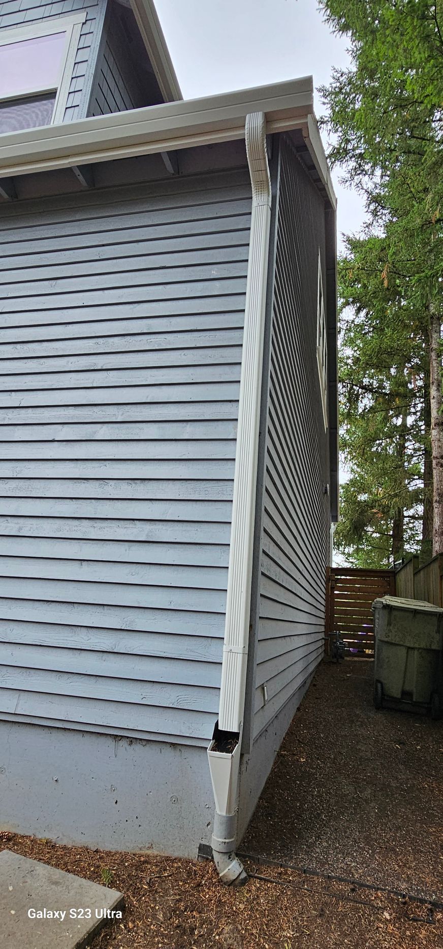 Exterior wall of a house with light blue siding, a downspout, and surrounding mulch and trees.