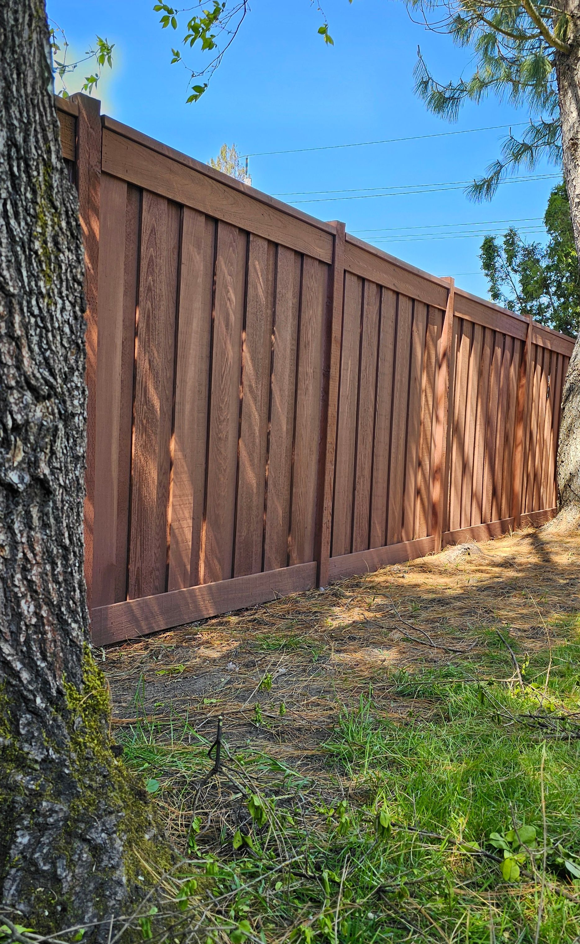 Brown wooden privacy fence in a grassy yard, under a blue sky.