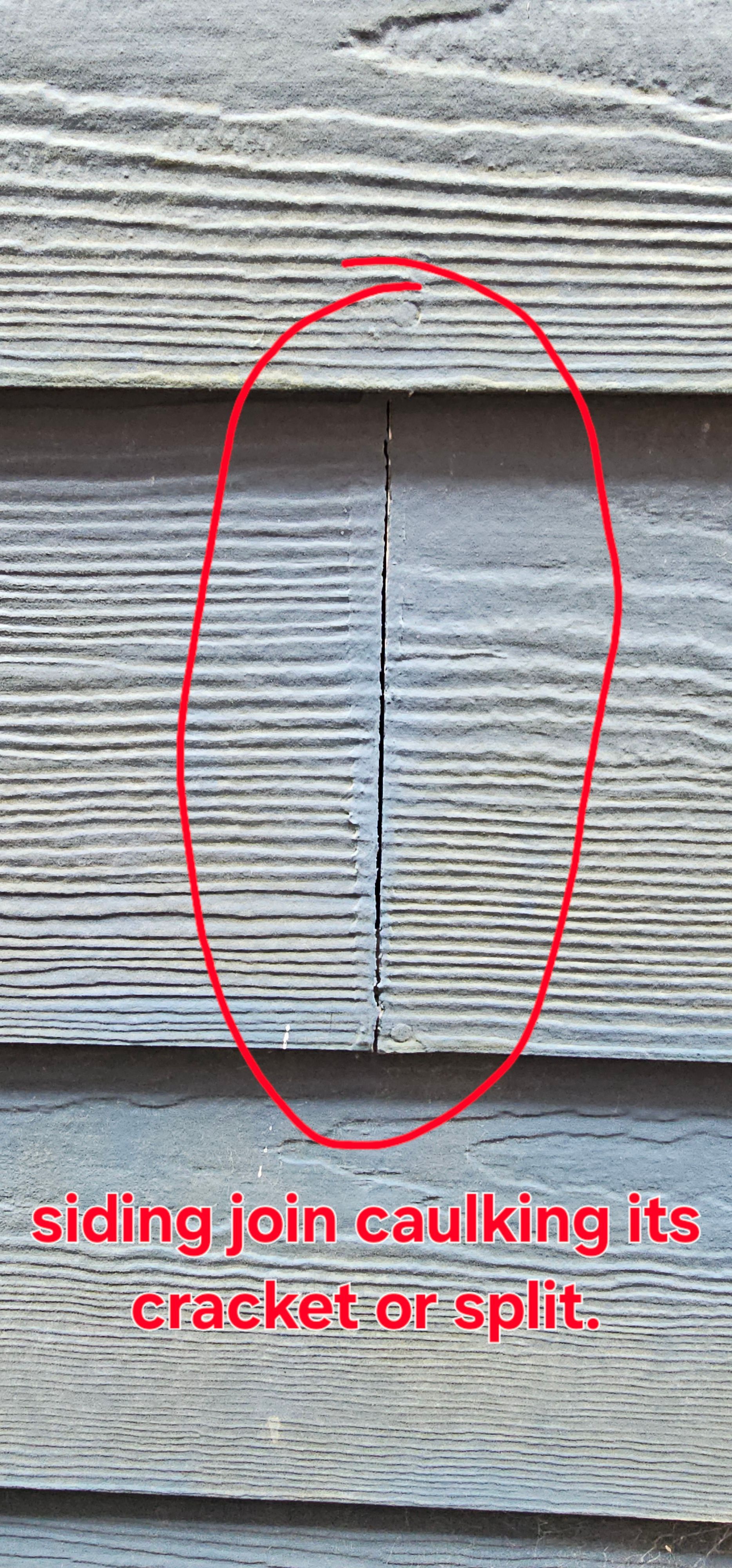 Close-up of siding with a crack at a joint, marked with a red oval. Text below reads 