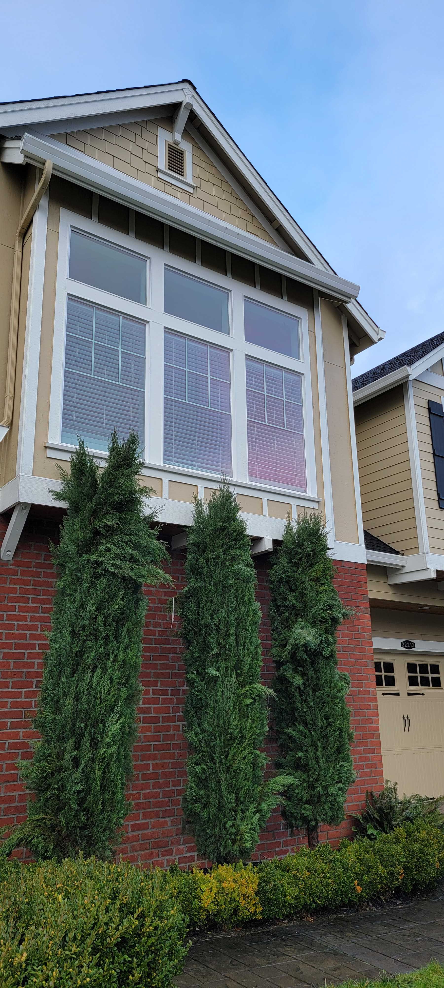 A two-story house with a brick facade and tall green bushes. Large windows on the upper level.