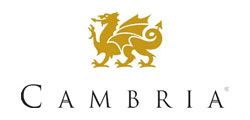 Cambria logo with gold lion emblem above black serif text on a white background