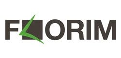 FLORIM logo in black with a green stylized leaf forming the letter L