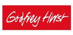 Godfrey Hirst logo in white script on a red rectangular background
