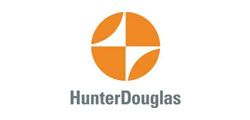 HunterDouglas logo with orange geometric emblem and gray text on white background