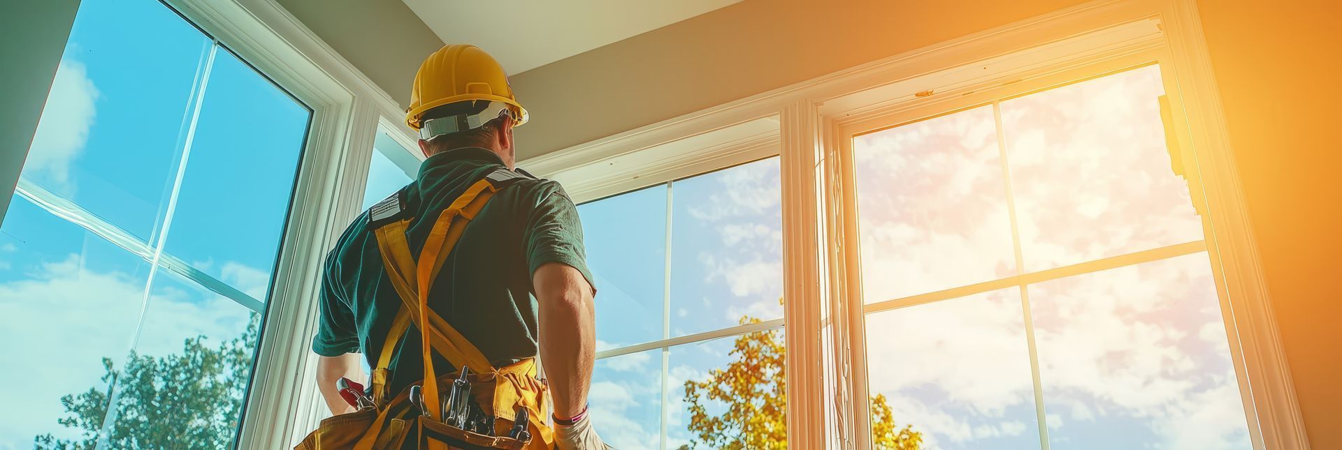 A construction worker in a hard hat and utility belt looks out a large, sunlit window.