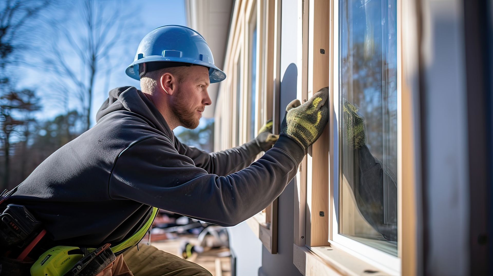 A person wearing a blue hard hat and work gloves installs a window frame on a building exterior.
