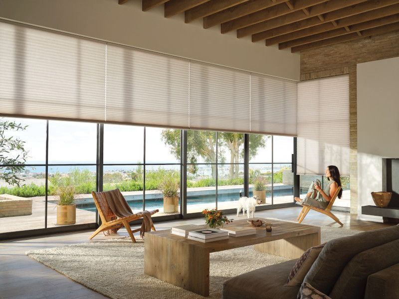 A bright, modern living room with floor-to-ceiling windows, pleated shades, a wooden coffee table, and a person sitting.