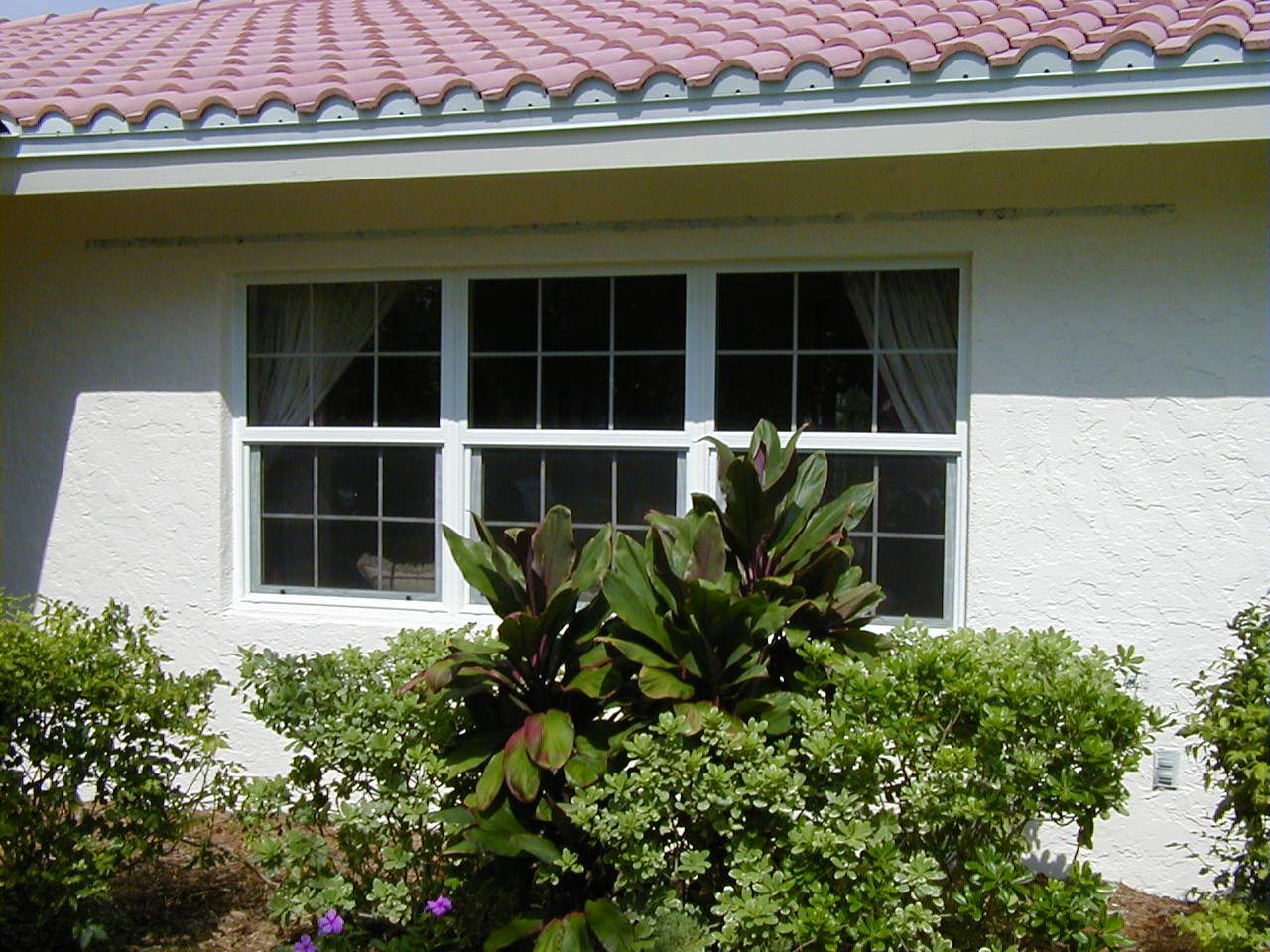 A white house exterior featuring a wide, white-framed window with grid dividers beneath a pink tiled roof and shrubbery.