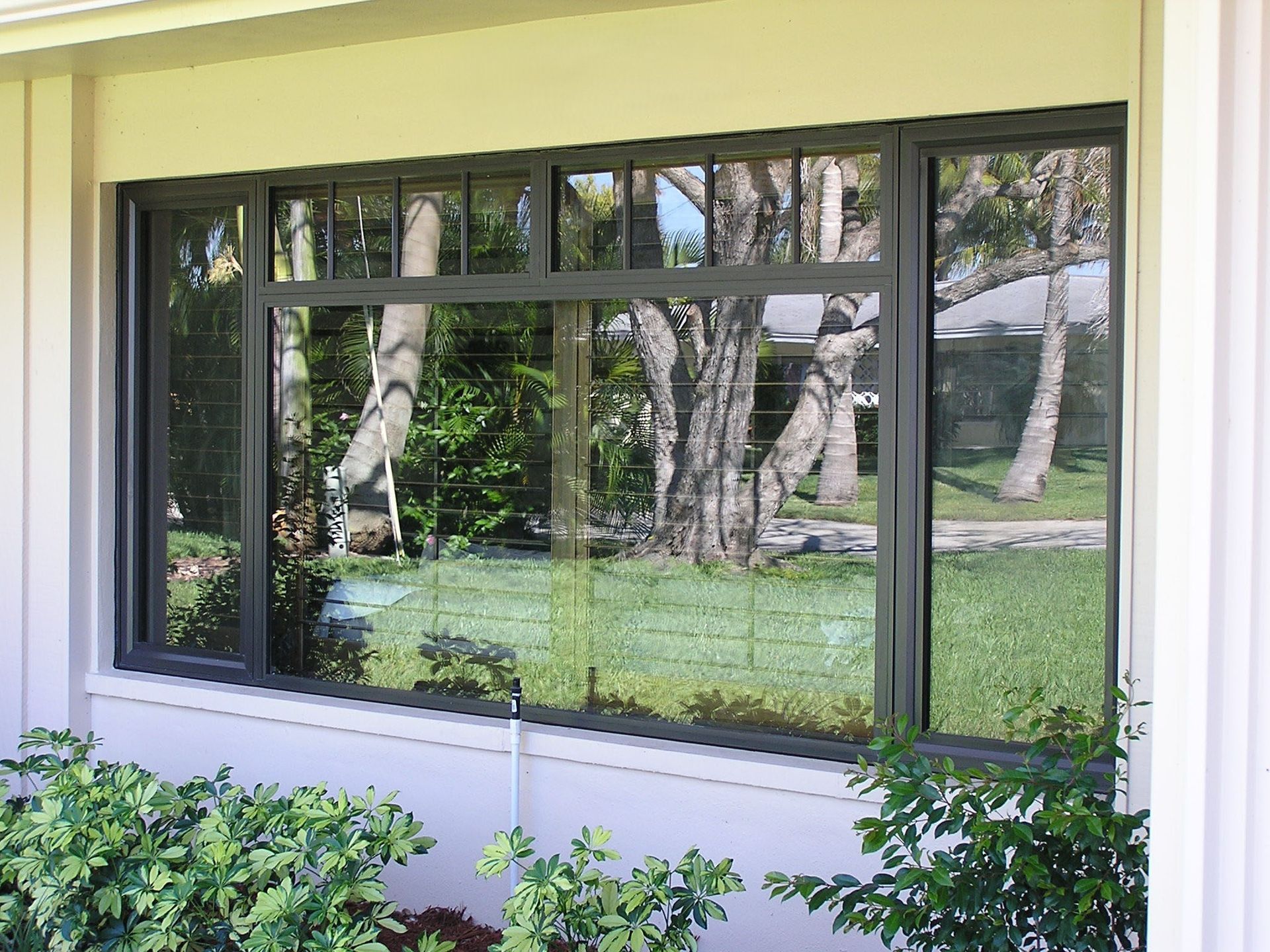 A large, multi-pane window with a dark frame on the exterior wall of a building, reflecting trees and a lawn.