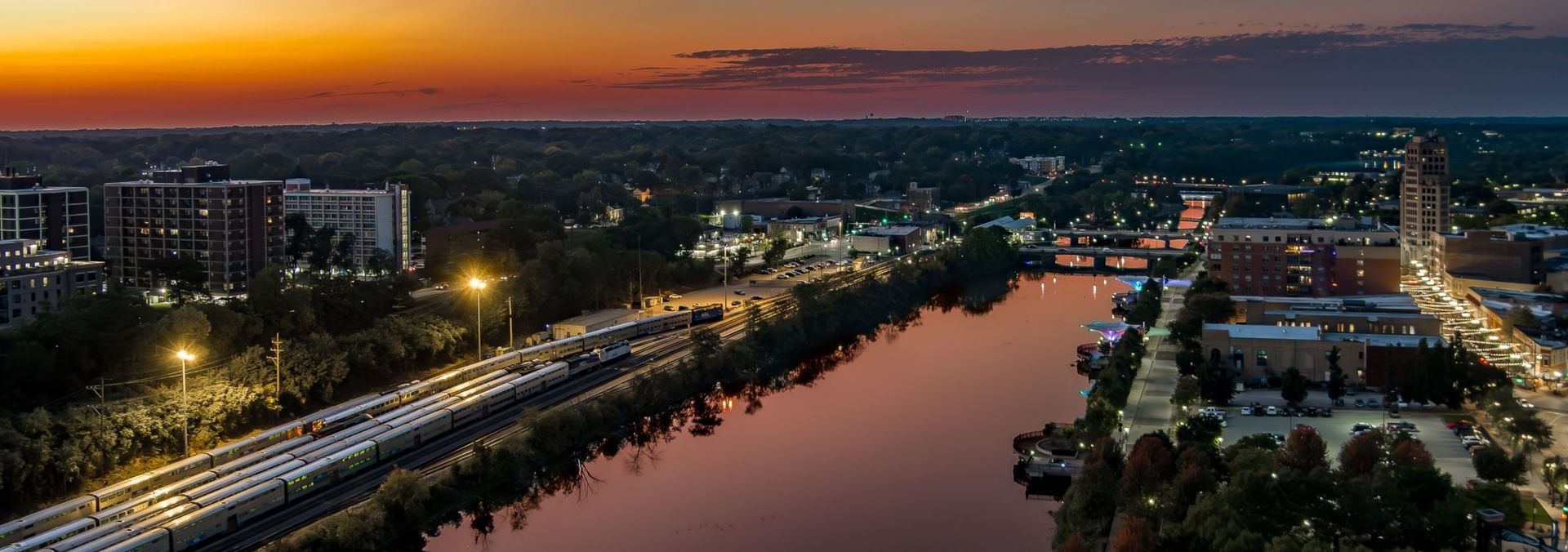 aerial view of elgin, il at sunset