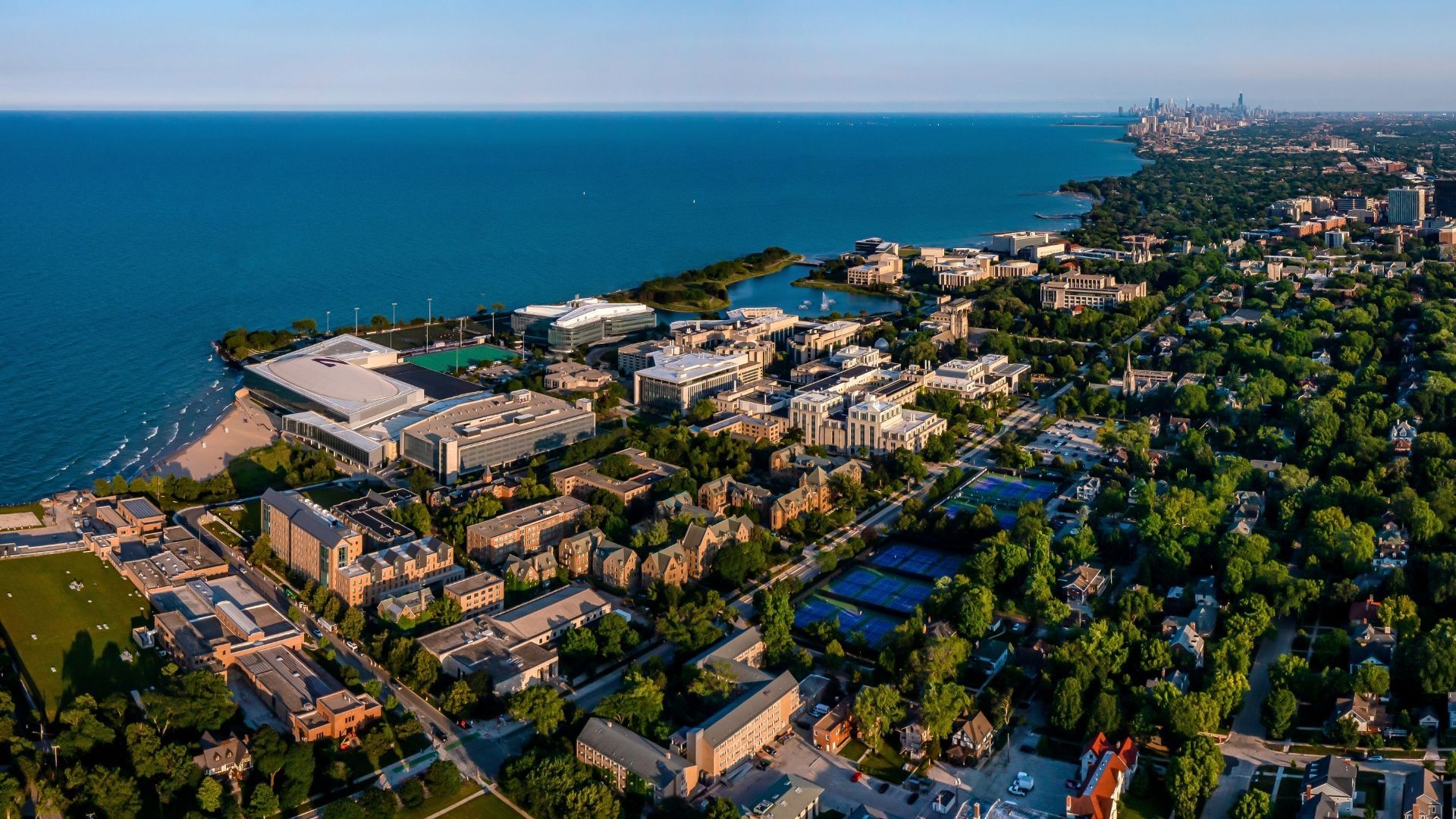 aerial view of evanston, il and lake michigan