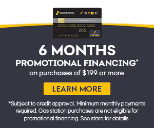 6 months promotional financing on purchases of $199 or more, with a yellow Learn More button