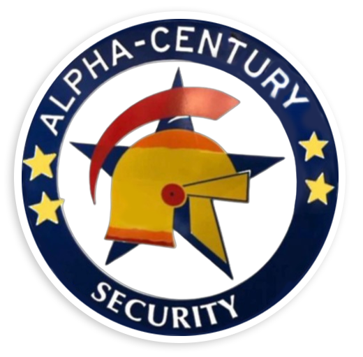 Alpha-Century Security logo with a helmet and stars on a blue circular badge