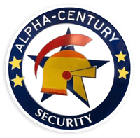 Alpha-Century Security logo with a helmet and stars on a blue circular badge