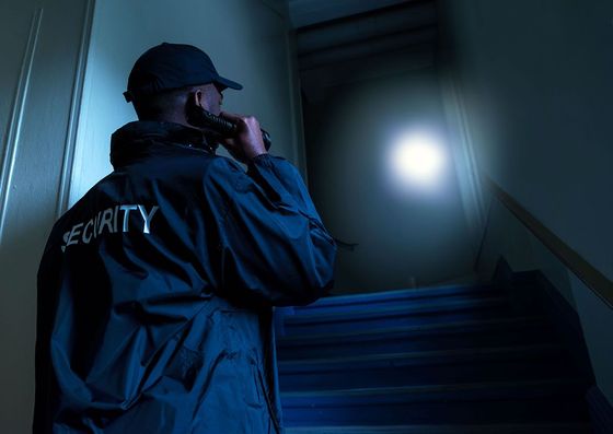 Security guard ascending dim stairs with flashlight, scanning a dark hallway