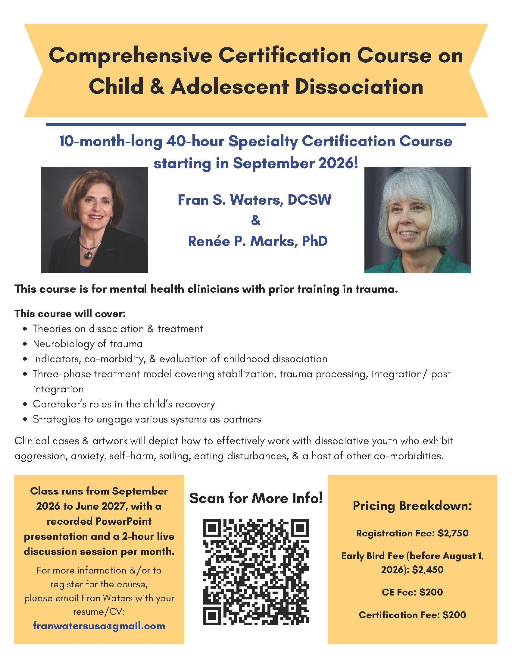 Poster for a comprehensive certification course on child and adolescent dissociation with speaker details and QR code.