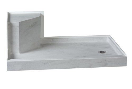 A white shower stall with a corner and a drain on a white background.