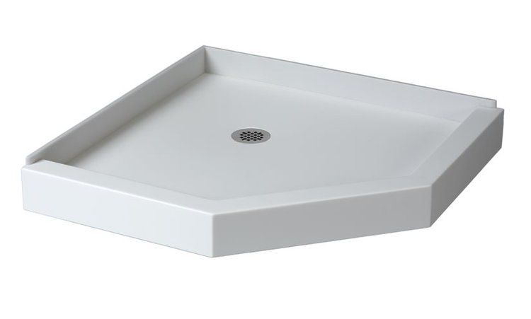 A white shower base with a drain hole in the middle on a white background.