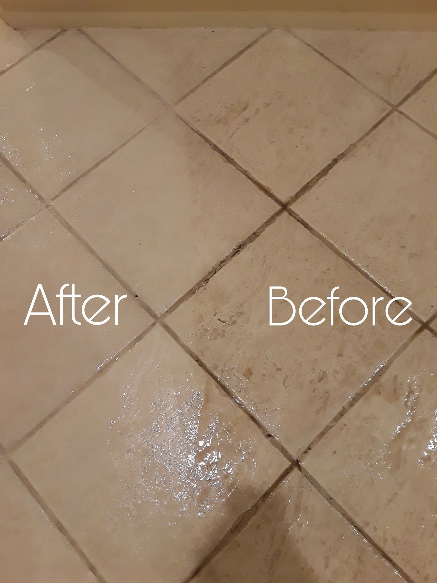 Before and after tile cleaning; dirty, dark grout versus clean, light grout.