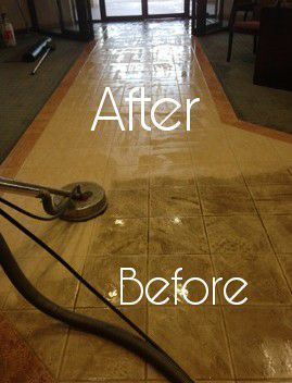 Floor tile cleaning: Before and after comparison. A pressure washer cleans a dirty tile hallway, leaving it shiny.