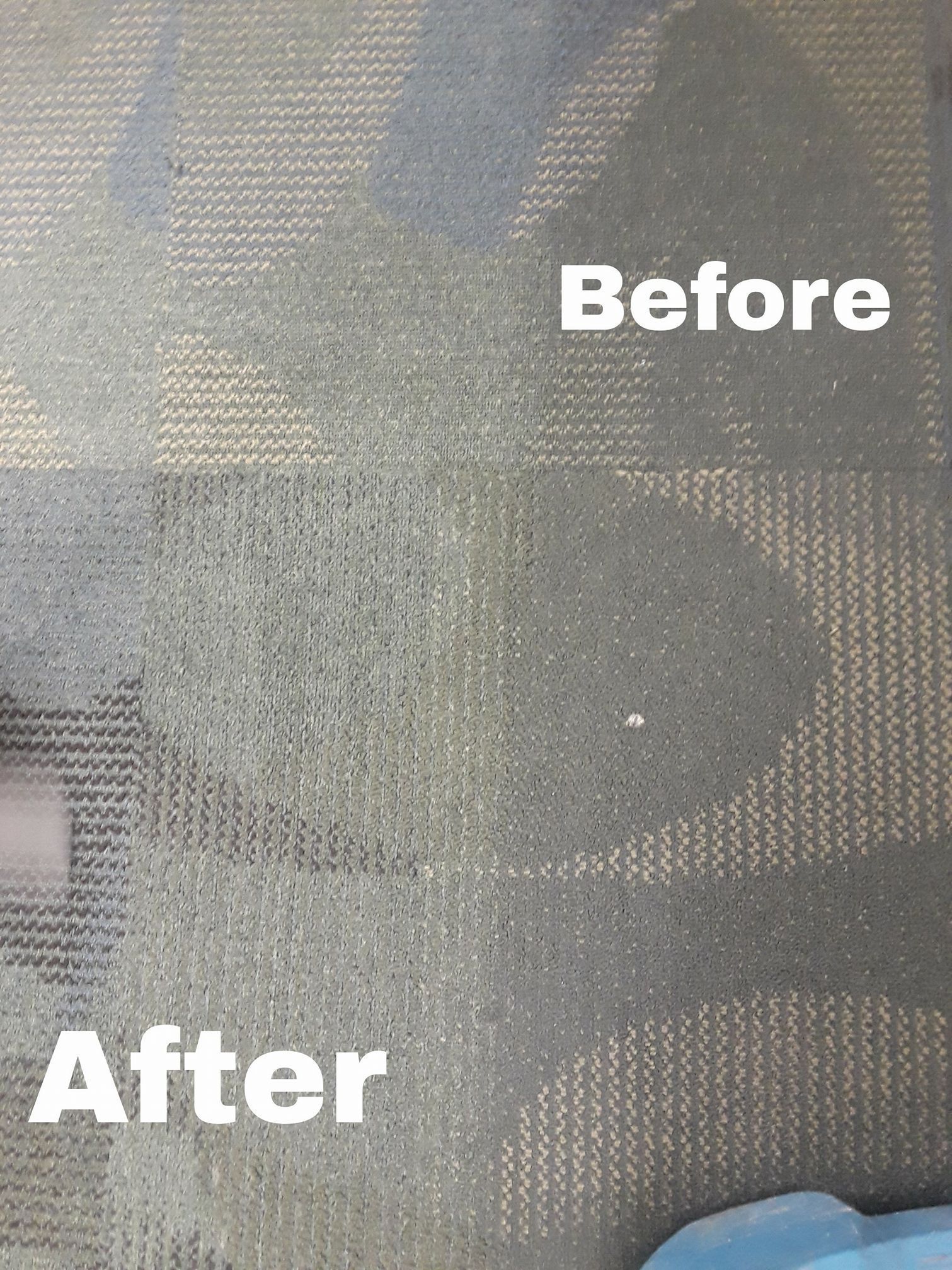 Carpet cleaning comparison: Grimy section before; clean area after.