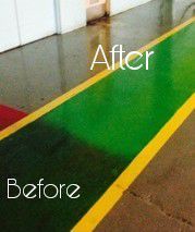 Green painted floor lane before and after cleaning. Yellow border lines and concrete floor.