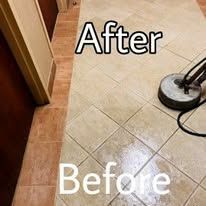 Floor cleaning: Before and after, showing a circular cleaning device, light brown tiles.