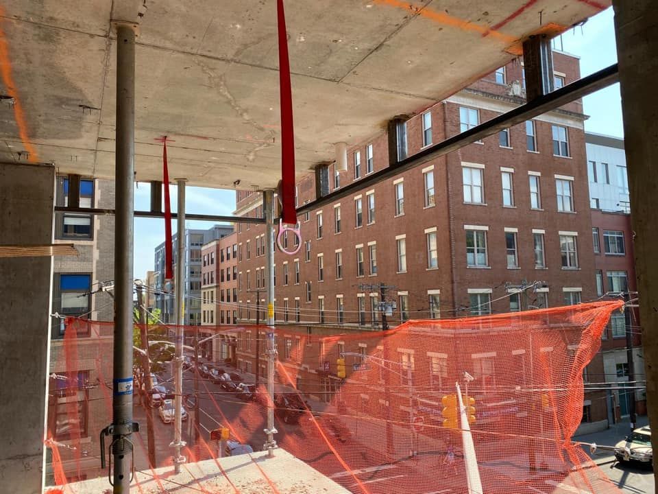 A view of a city street from a construction site