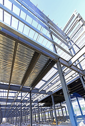 Looking up at the ceiling of a building under construction.