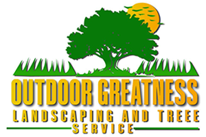 Outdoor Greatness landscaping and tree service logo with green tree, grass, and sun