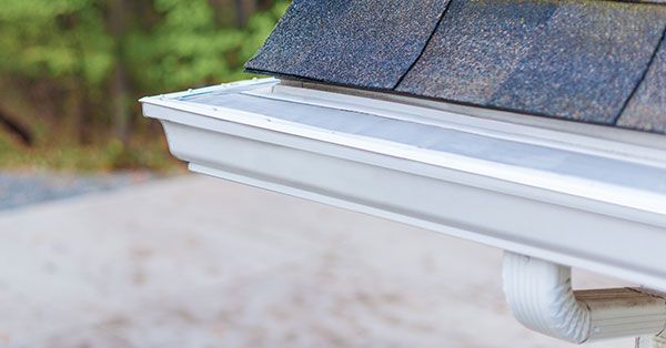 White gutter attached to a roof with dark shingles; outdoors, daytime.