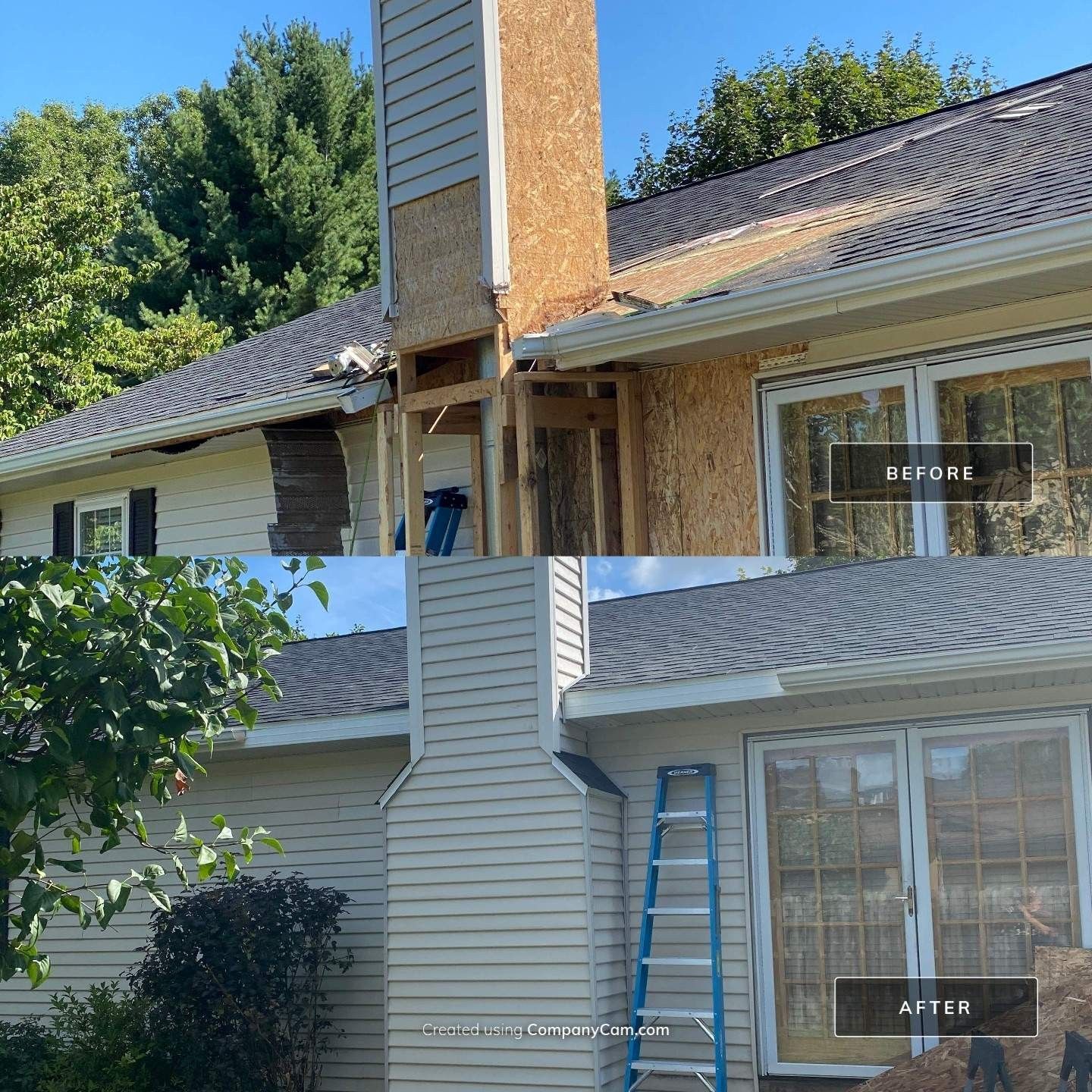 Before and after photo of a house with a chimney. The chimney has been repaired and re-sided.