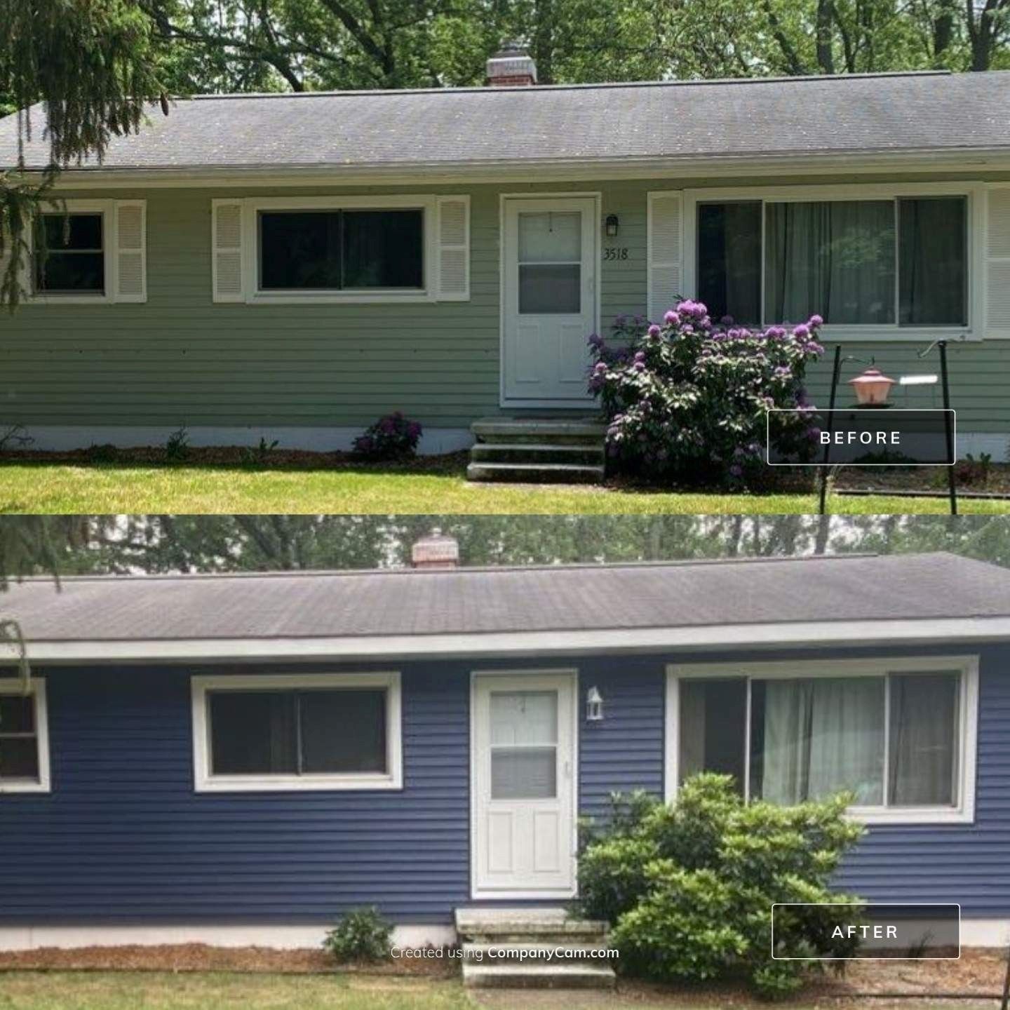 Before and after of a house exterior, green siding replaced with blue.