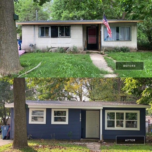 Before-and-after of a house exterior. Before: dingy white with overgrown lawn. After: blue siding, new windows, and manicured lawn.
