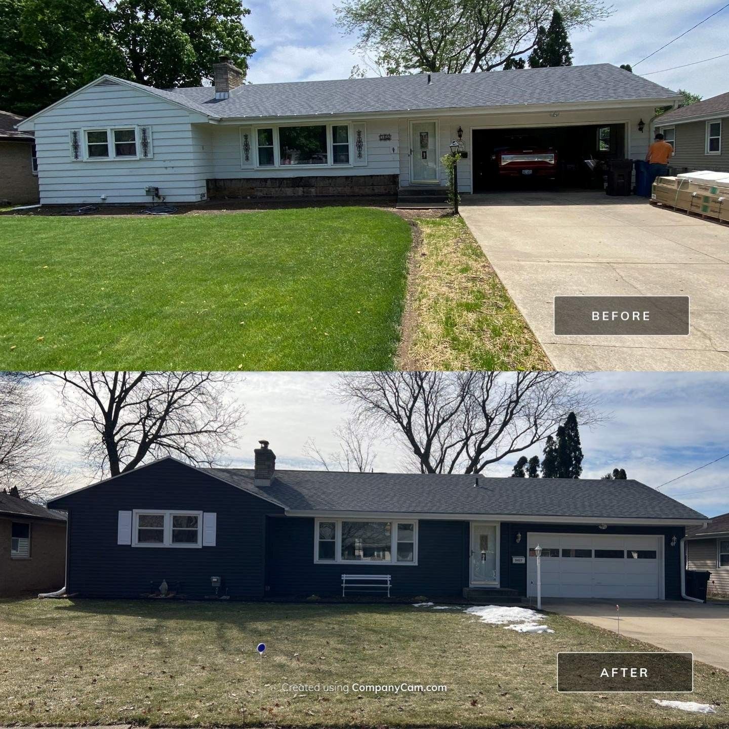 Before-and-after exterior of a house: white to navy blue paint, new garage door, different landscaping.