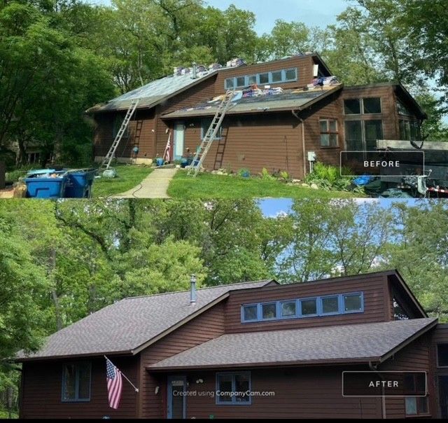Before and after shots of a brown house with a new brown shingle roof.