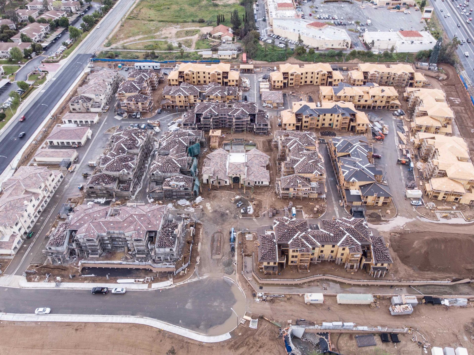 An aerial view of a residential area under construction.
