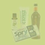 A bottle of spray , a packet of spray , and a box of spray on a yellow background.