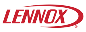 Lennox logo in red text with a red curved line around the text.