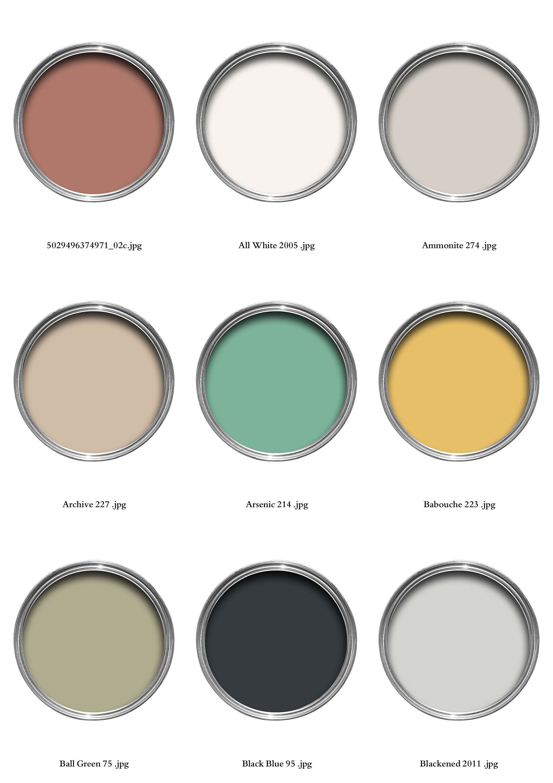 Nine paint cans with various colors: terra cotta, white, gray, tan, teal, yellow, green, navy, and light gray.