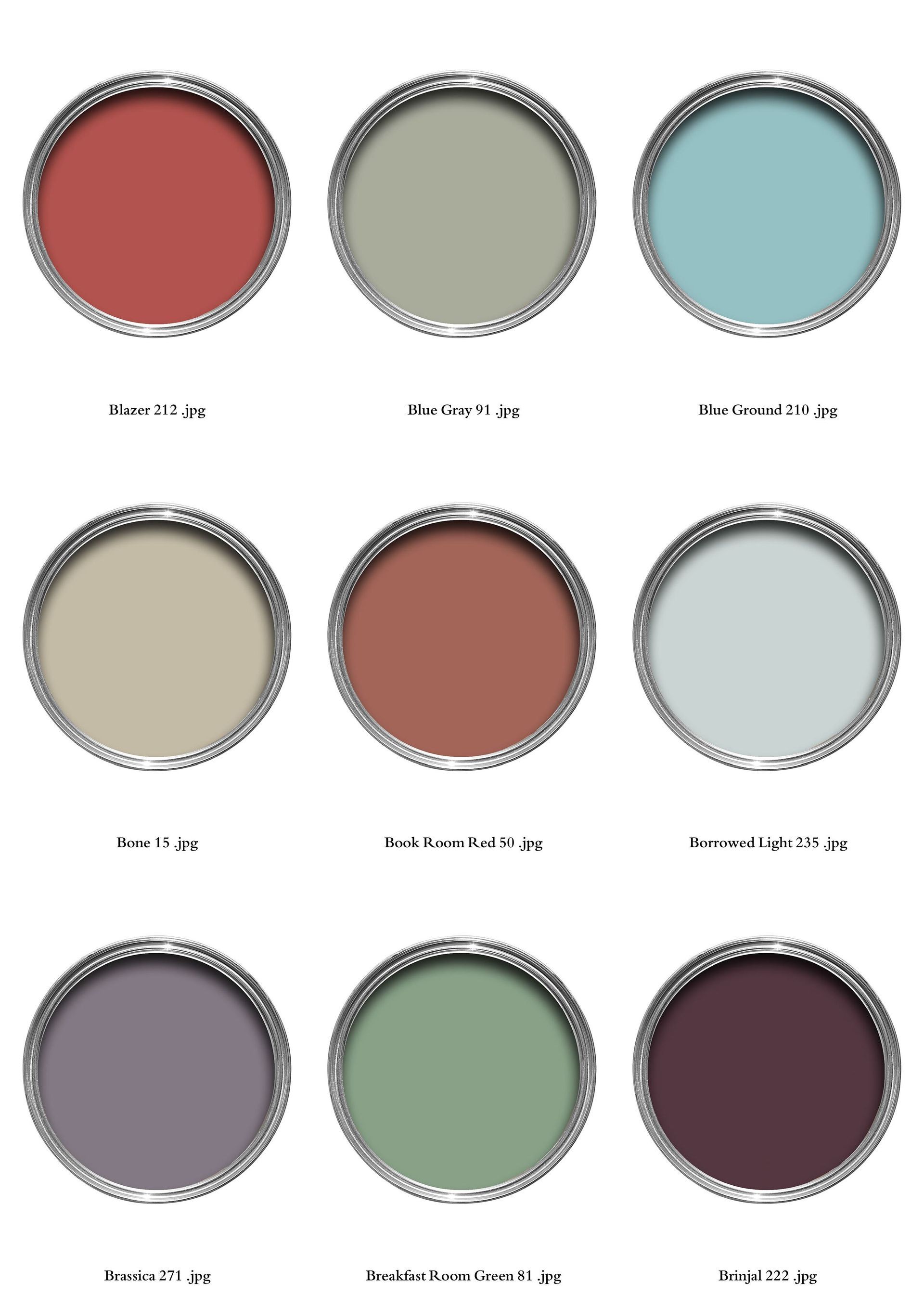 Nine paint cans with various colors: red, green, blue, and purple, for home decor.