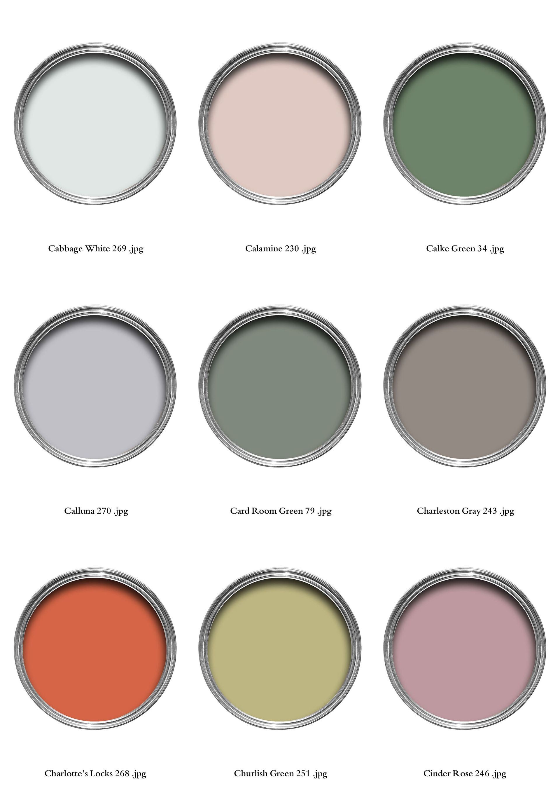 Nine paint cans, showcasing various muted color swatches, including green, pink, and orange hues.