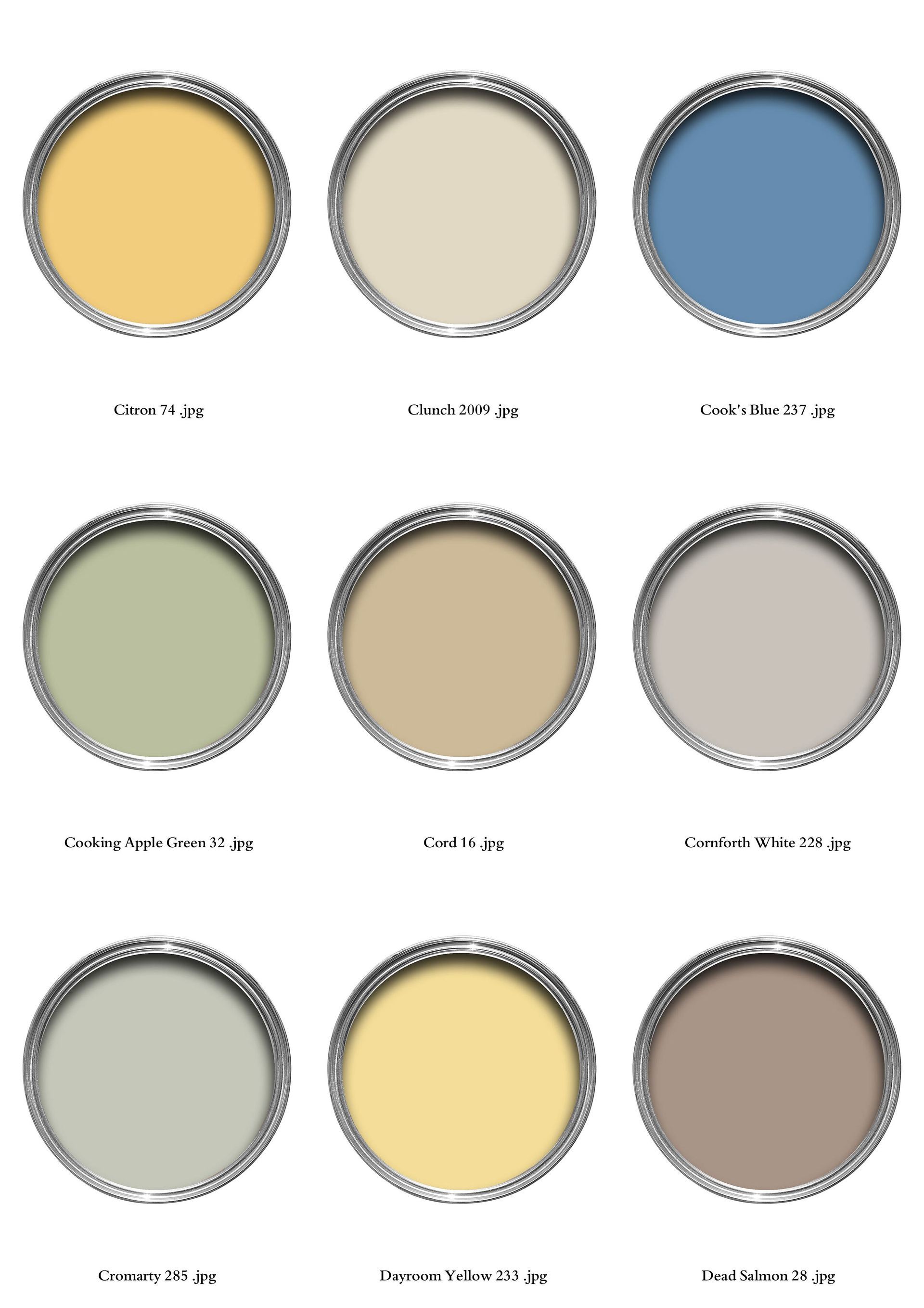 Nine paint cans with different neutral colors: yellow, blue, green, and beige.